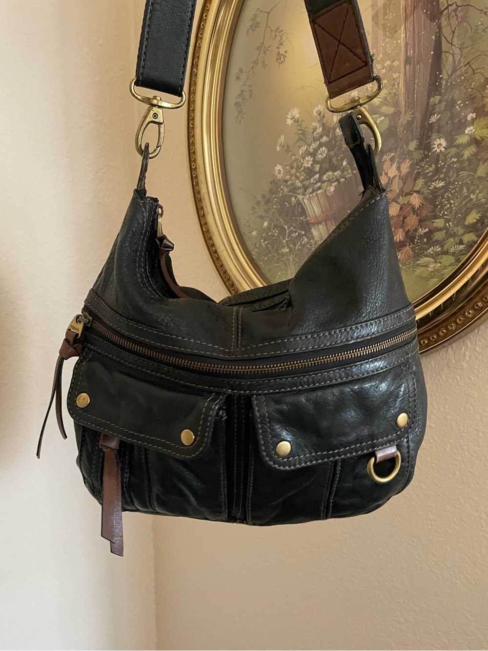 Fossil Black Leather Crossbody Bag with Gold Hardware